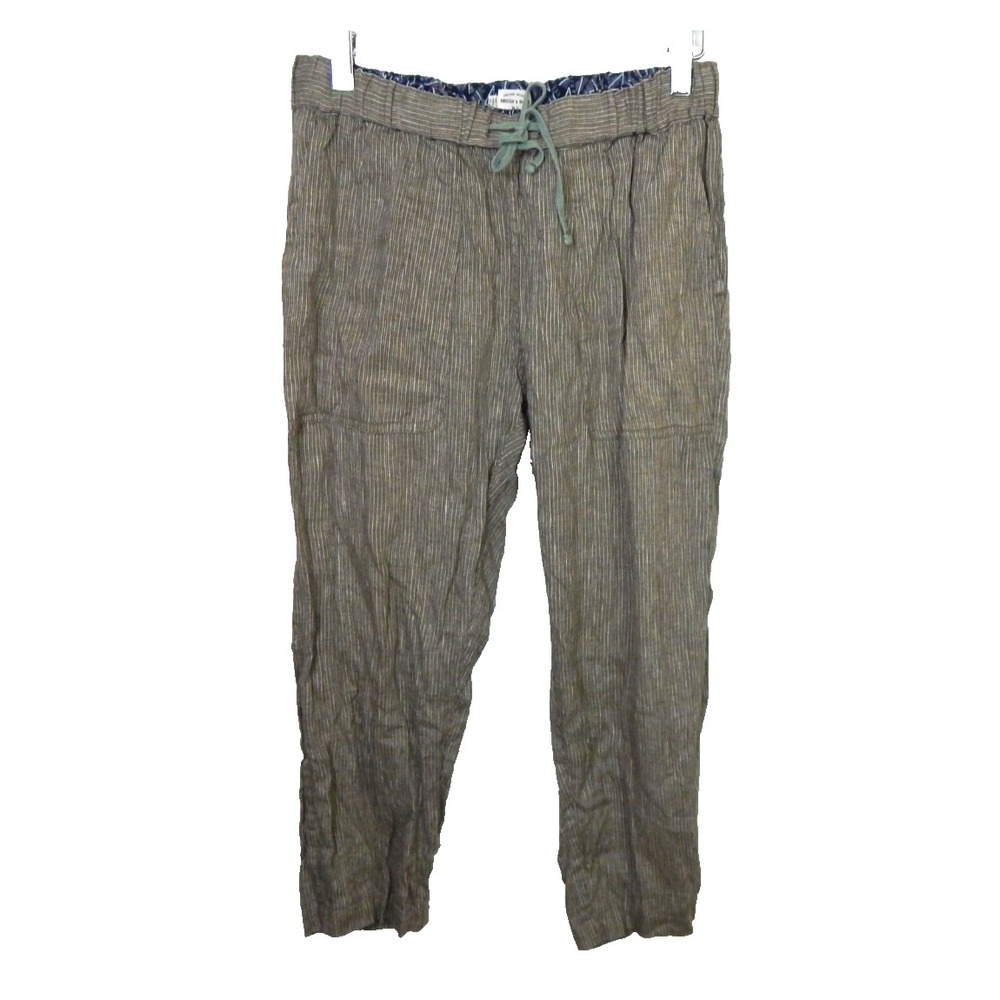 Bridge & Burn Women's Medium Pants 100% Linen Crop Taper Green Stripe Drawstring
